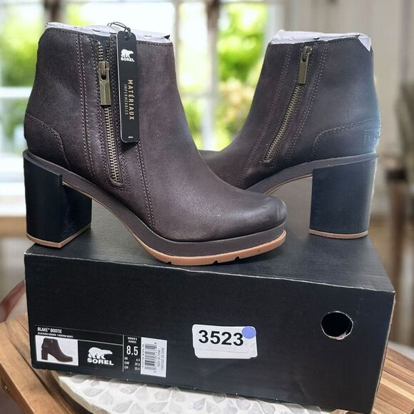 Sorel BLAKE WATERPROOF Blackened Brown Leather Block Heel Ankle Boots Women’s 8. - Picture 9 of 13